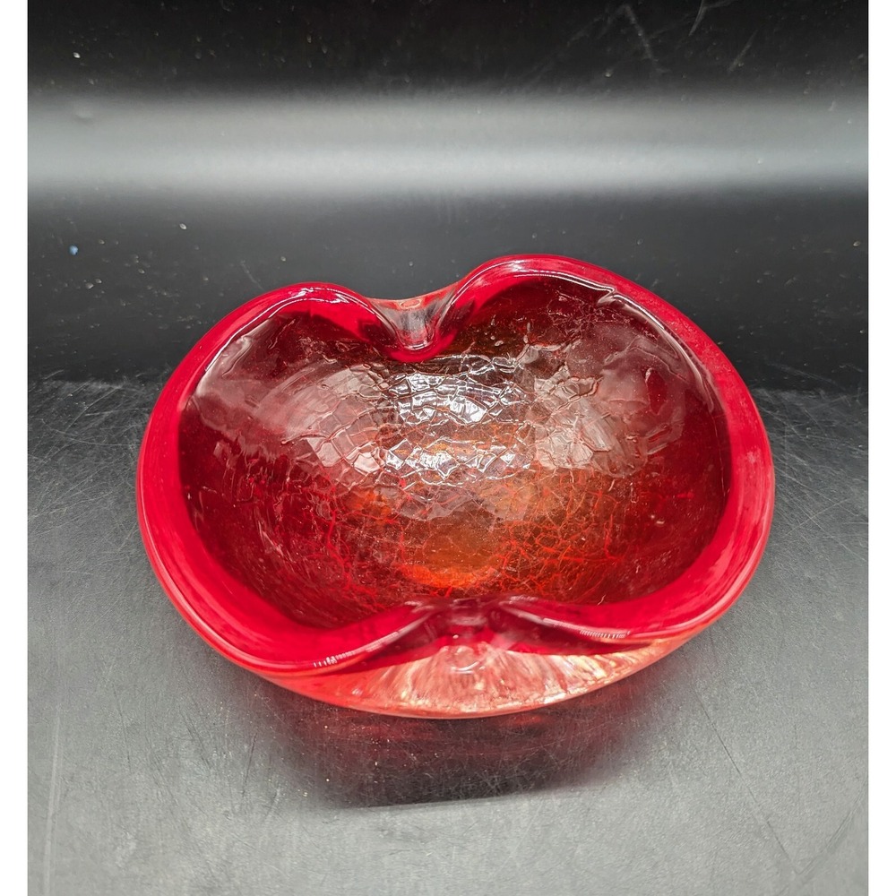 Vintage Mid Century Modern Amberina Red Crackle Glass Ashtray Candy Dish 5.75"